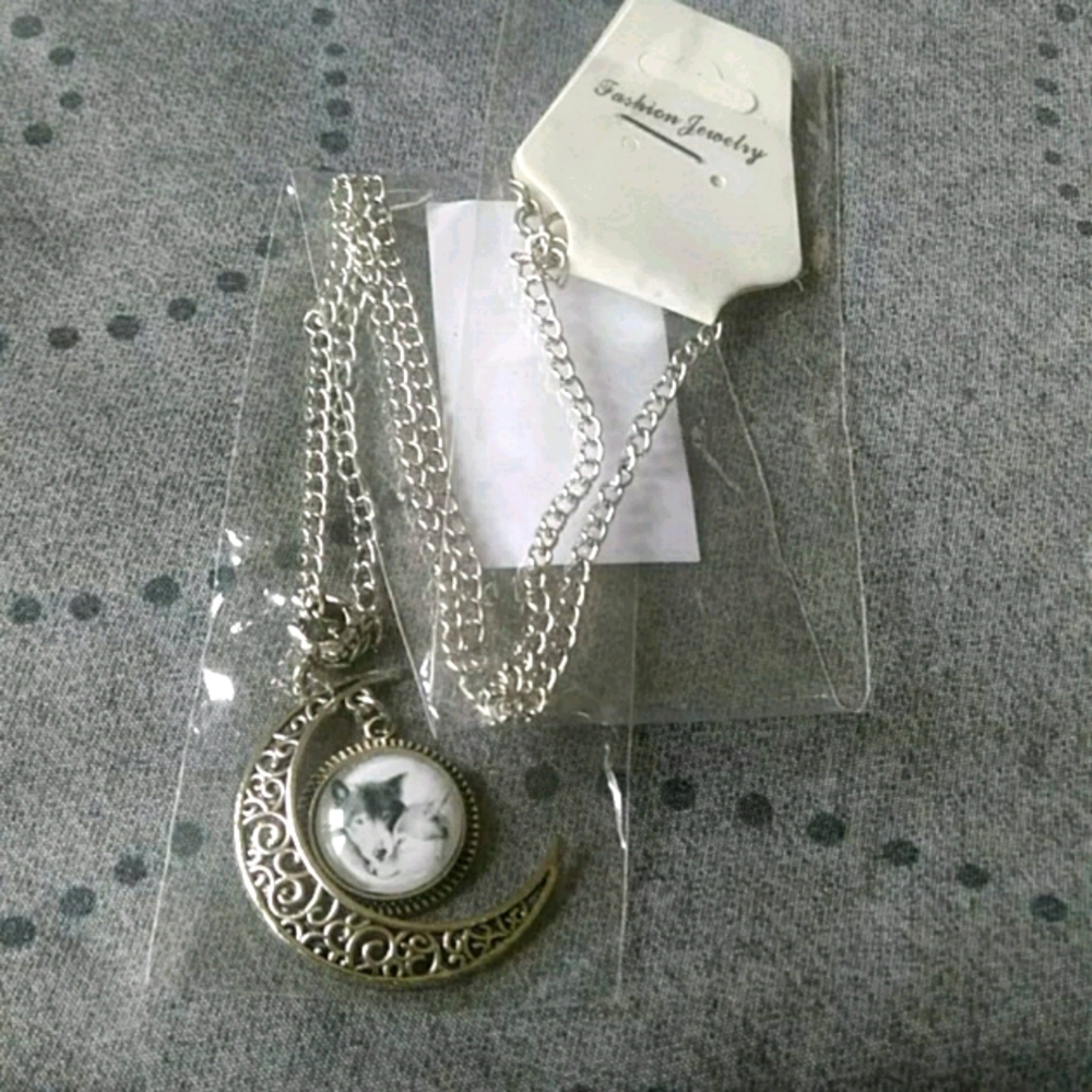 Wolf and crescent moon necklace
